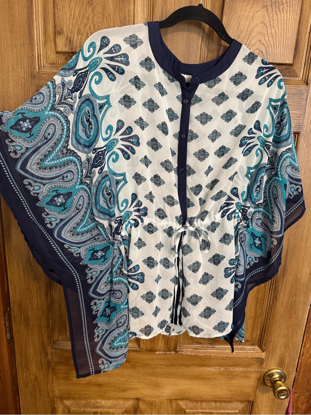 Boho Print Tie-Waist Blouse - Navy & Teal